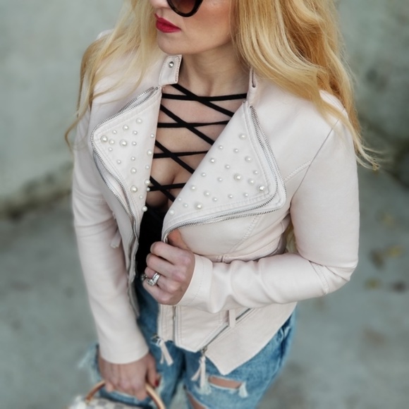 BLUSH Vegan Leather Jacket Pearls Details - Picture 1 of 5